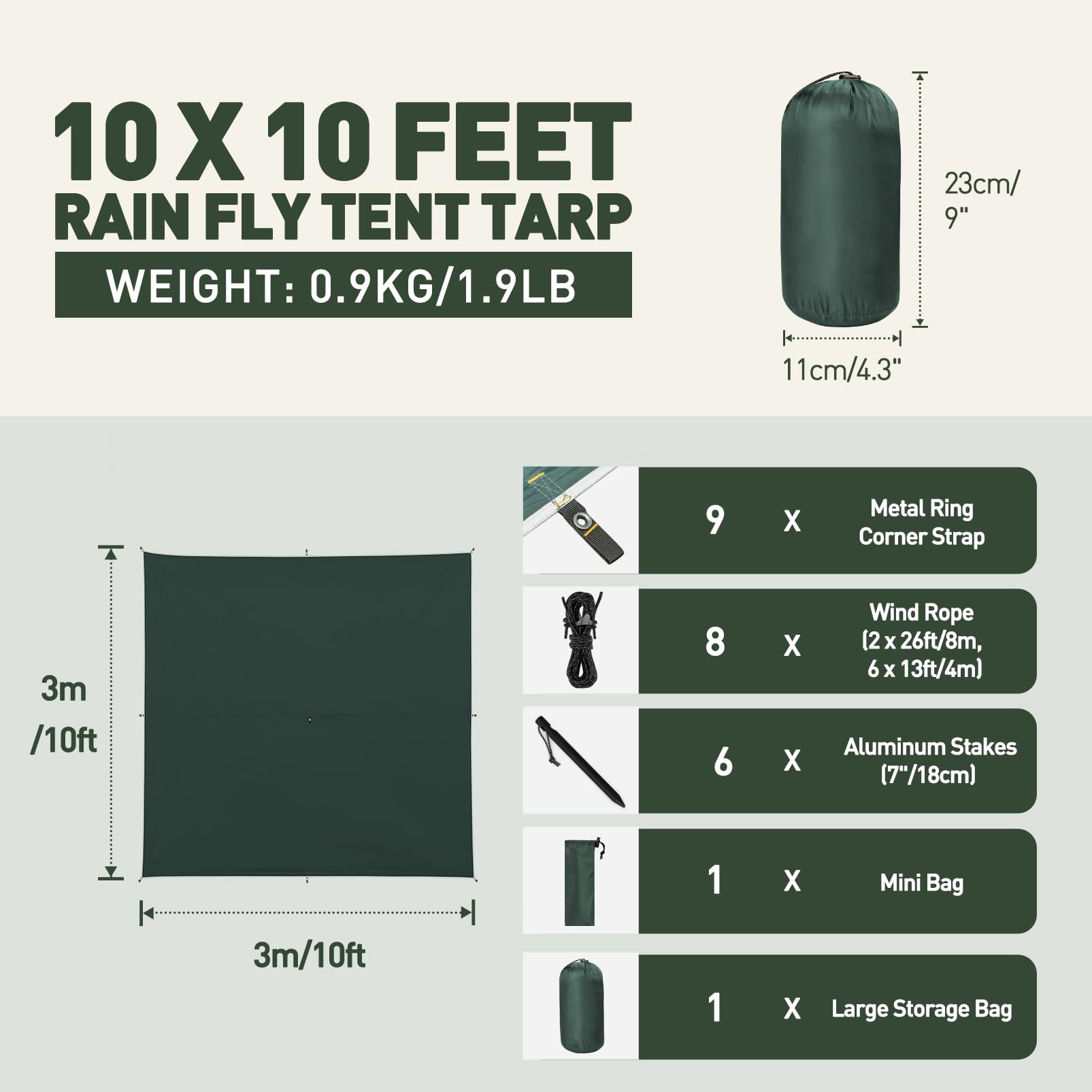 VOSOIR Tarp Camping 3 x 3 m, ultralicht, waterdicht, uv-bescherming, met 8 windtouwen en 6 aluminium nagels, extreem scheurvast, voor picknick in de open lucht (donkergroen