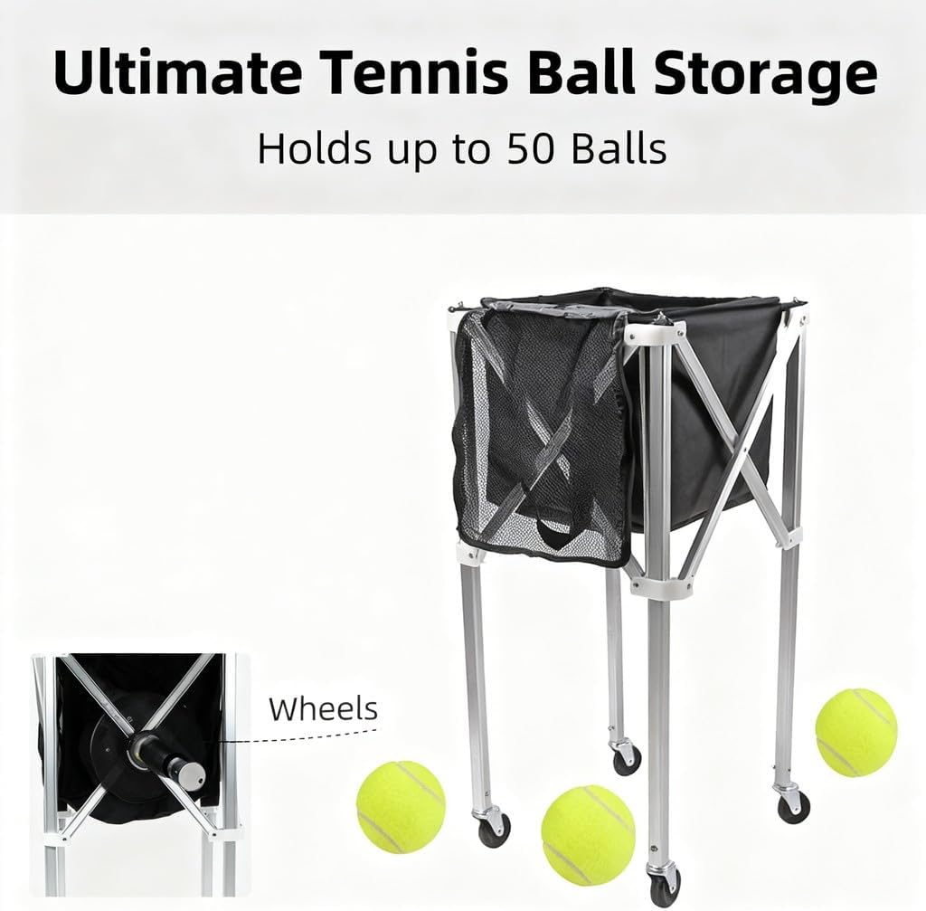 Foldable Tennis Ball Hopper Basket Cart, Light Aluminum Alloy Trolley with Wheels, High Capacity and Portable - Easy Transport, Stable Design, Ideal for Court Practice and