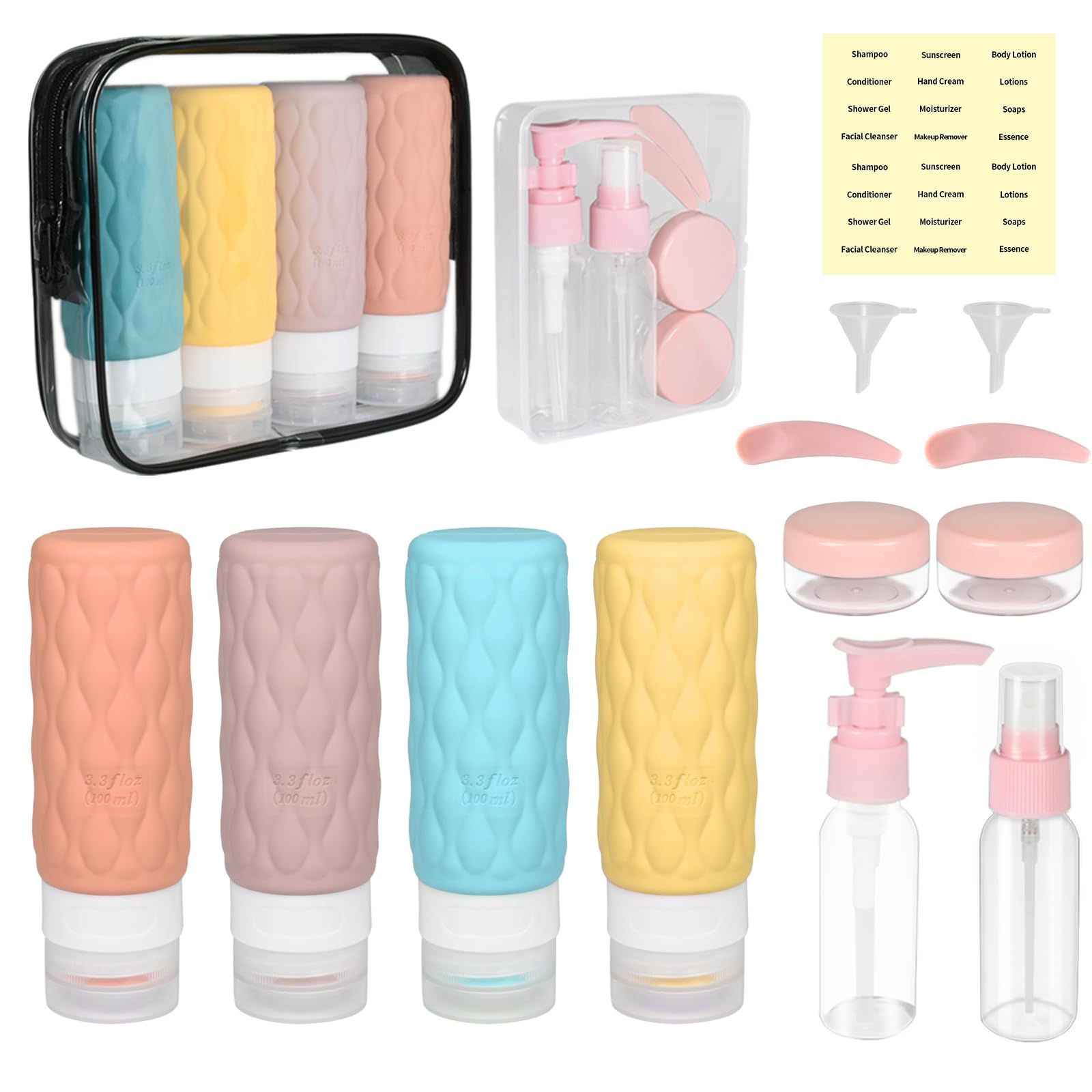 Set 16 Pezzi Contenitori Viaggio Per Liquidi 100ml - Silicone Senza BPA, Kit Aereo Per Shampoo E Crema - Foto 6