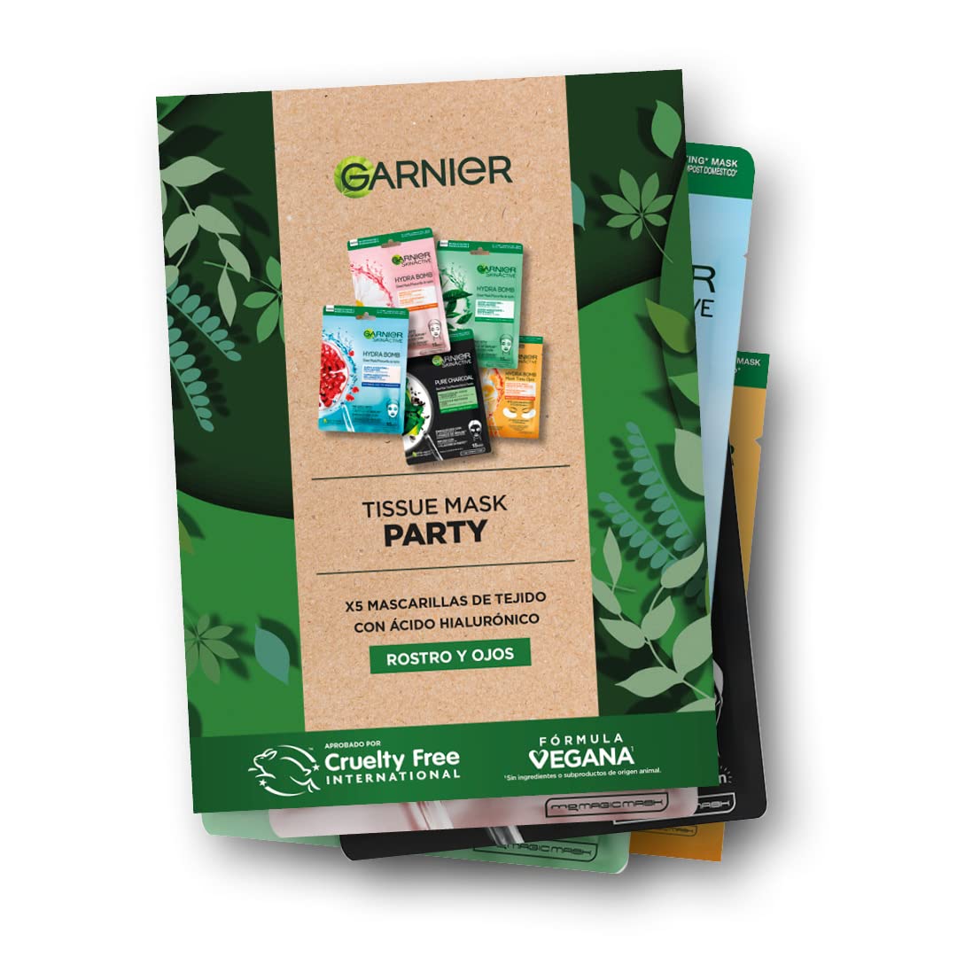 Garnier Kolekcja prezentów, 5 masek na twarz z kwasem hialuronowym do twarzy i oczu, Formuły wegańskie, Zatwierdzone przez Cruelty Free International