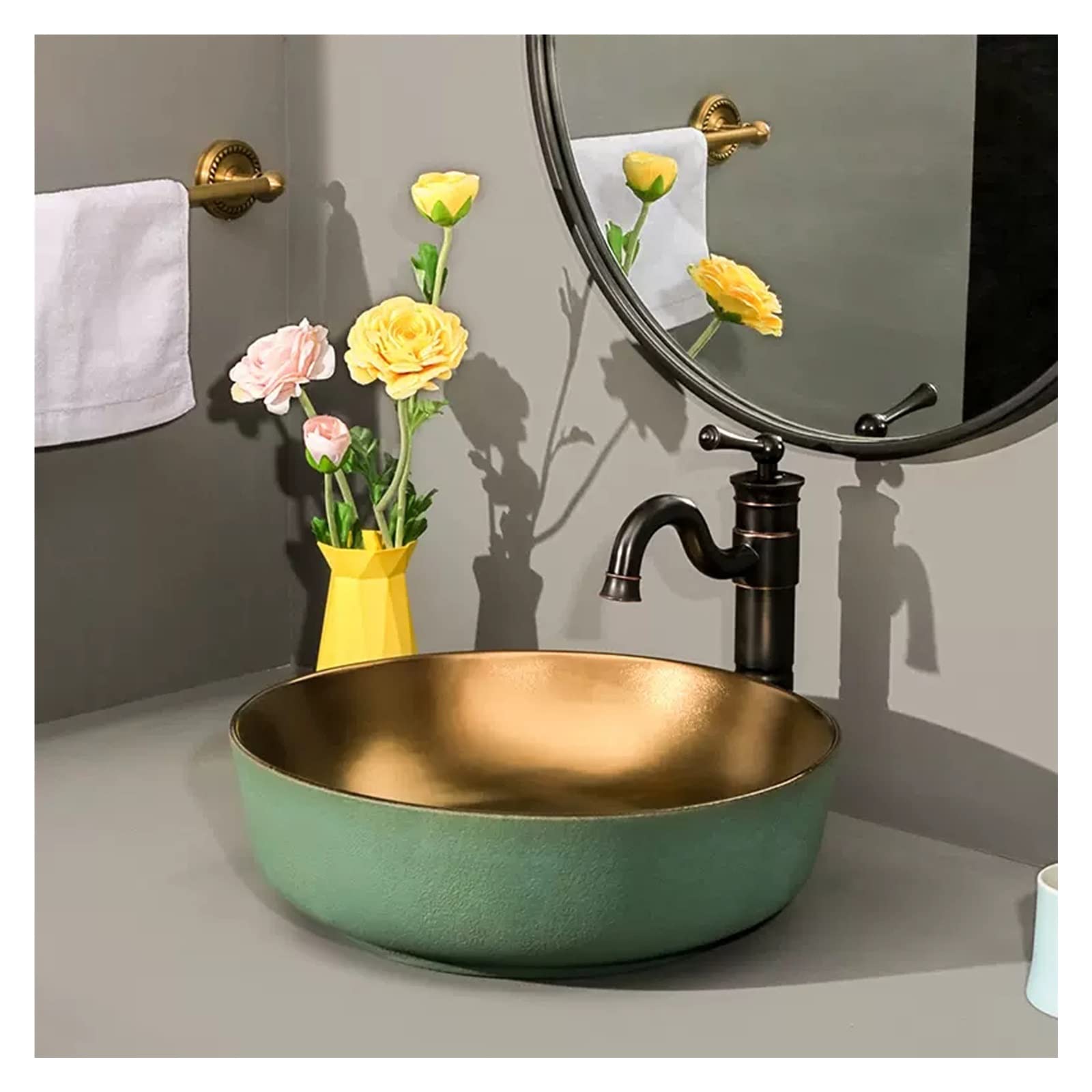 TIANQIHAO Round Vessel Sink, Bathroom Above Counter Artistic Bowl With Black Faucet And Pop Up Drain, Minimalism Ceramic Art Basin Lavatory Vanity Sinks