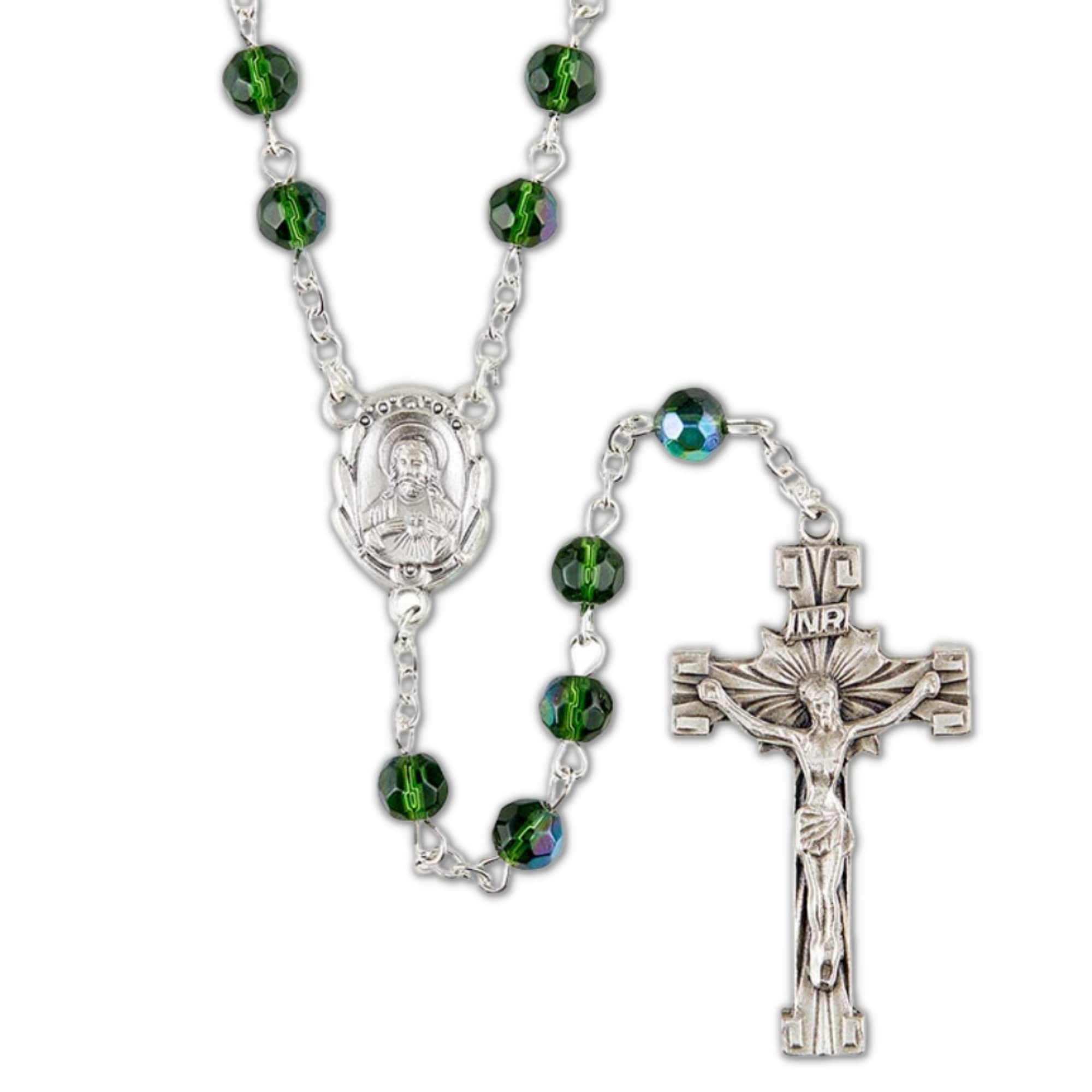 Christian BrandsCatholic Rosary with Deep Green Glass Beads, Prayer Necklace with Silver Tone Sacred Heart Centerpiece, 20 Inches
