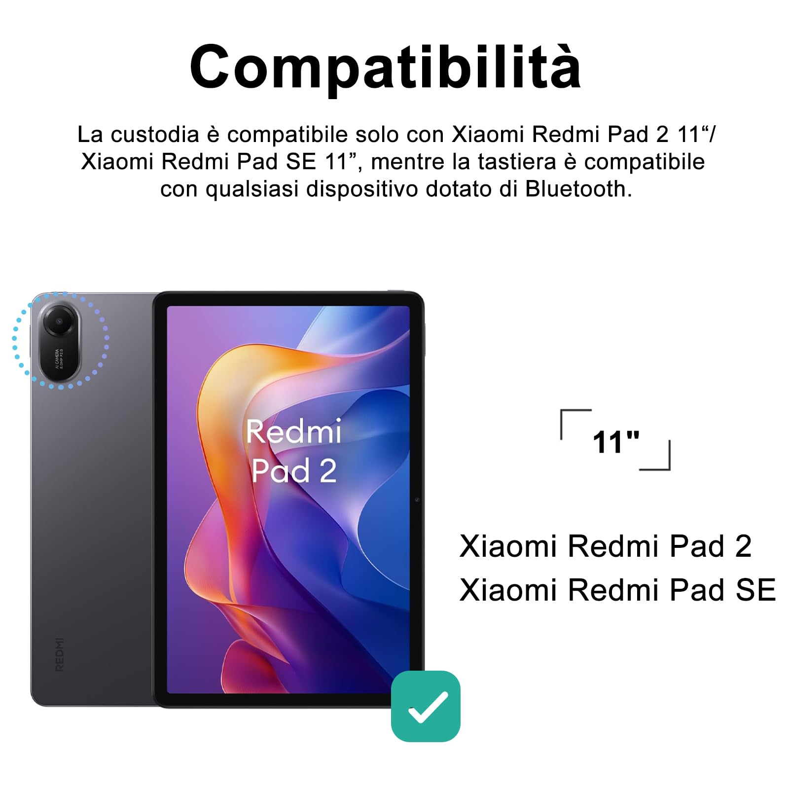 IVEOPPE Tastiera per Xiaomi Redmi Pad 2/ Remi SE 11", Cover con Tastiera Rimovibile, Keyboard Italiano QWERTY Bluetooth, Custodia con Portapenna, Nero