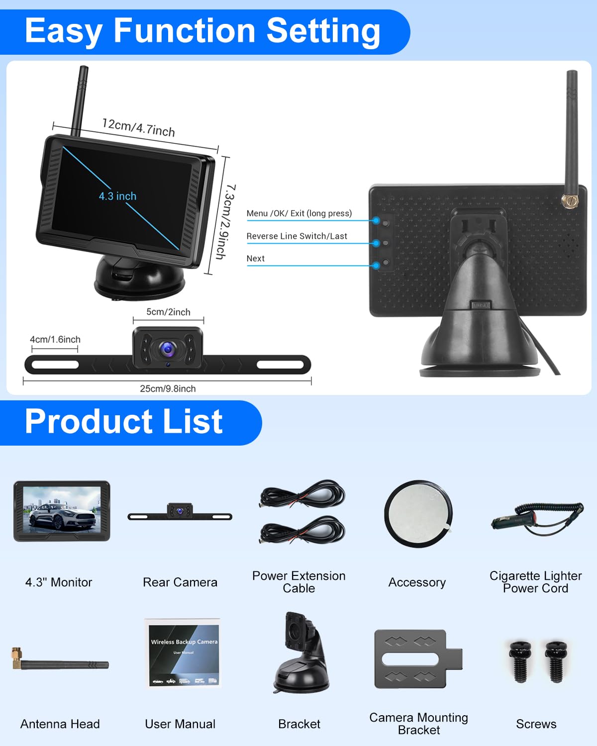 NHOPEEW Kit telecamera per retromarcia senza fili con monitor per telecamera di retromarcia IPS da 4,3 pollici, visione notturna impermeabile IP69 per auto, camion, camper, rimorchio, rimorchio