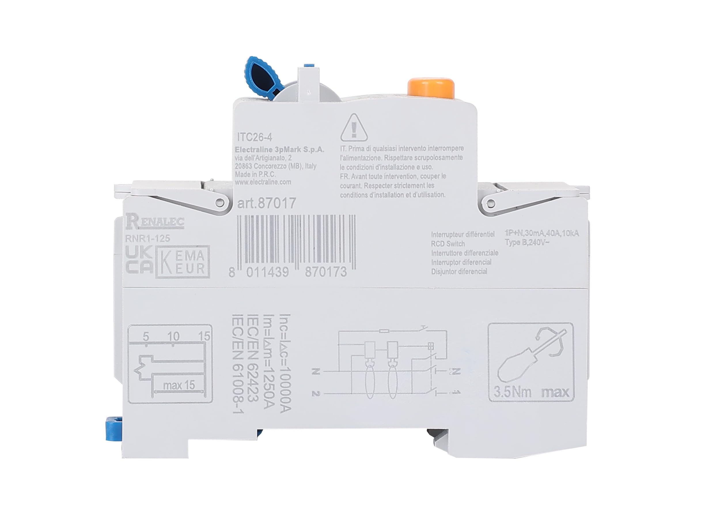 Electraline 87017 Interruttore differenziale, 40A, sensibilità 30mA Monofase – tipo B (adatto per impianti fotovoltaici, colonnine di ricarica EV, e convertitori di potenza)
