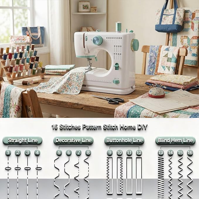 Sewing Machine for Beginners Twin Needles Sewing Machines 16 Built-in Stitches with Accessory Kit, Compact Travel Design for Clothing Repairs, DIY Crafting with Foot Pedal thumbnail