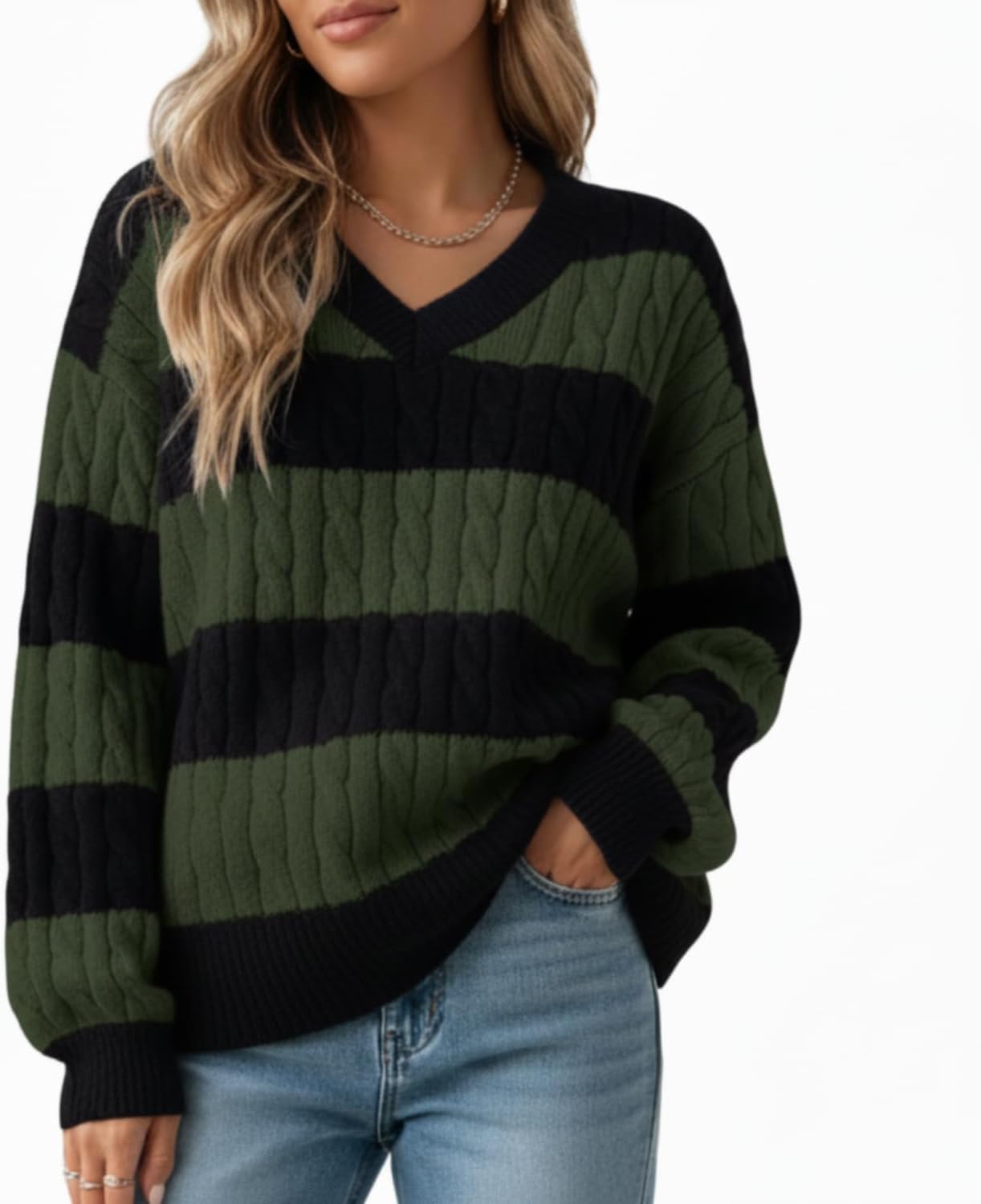 LIGHT DOT V Neck Cable Knit Sweater Women Winter Long Sleeve Stripped Preppy Sweater Oversized Pullover