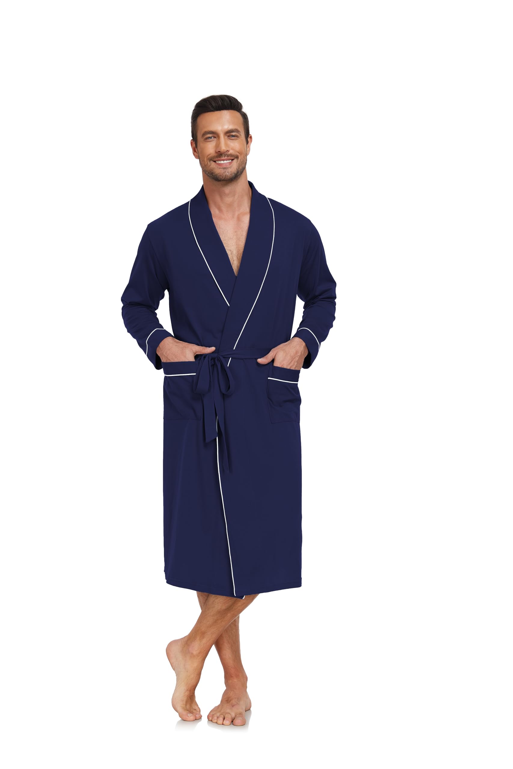 EA'S SECRET Herren Bademantel 100% Baumwolle Leichter Strick-Spa-Bademantel für Sommer Langes Schlafgewand mit Taschen klassischem Schalkragen