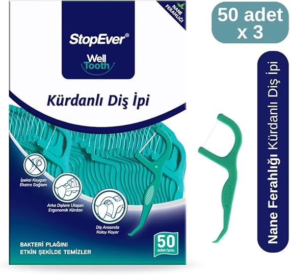 StopEver Well Tooth Kürdanlı Diş İpi 3'lü Paket | Nane Aromalı | 150 Adet (3 x 50) | Diş Arası Temizliği, Ağız Hijyeni ve Günlük Kullanım için İdeal