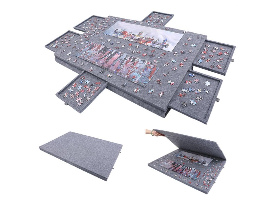 Przechylany stół do puzzli, przenośna deska do puzzli z 6 szufladami, do puzzli, 1000 elementów, deska do puzzli ze stojakiem 2 w 1 i pokrywą, lekka filcowa Jigsaw Puzzle akcesoria (szary)