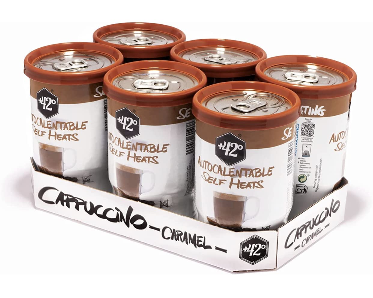 Autocalentable +42°. Cappuccino Caramelo. Lata autocalentable de 205 ml. Caliente en 3 minutos (paquete de 6)