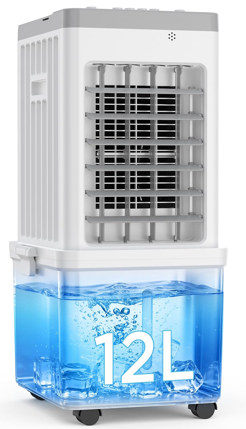 Portable Air Conditioner, 3-in-1 Evaporative Air Cooler Fan, 70W Space-Saving Design, 12L Water Tank, 3 Ice Packs, 3 Speeds, 120° Oscillation, 46dB Quiet, Pet-Friendly Cooling for Home （Breloniste®）