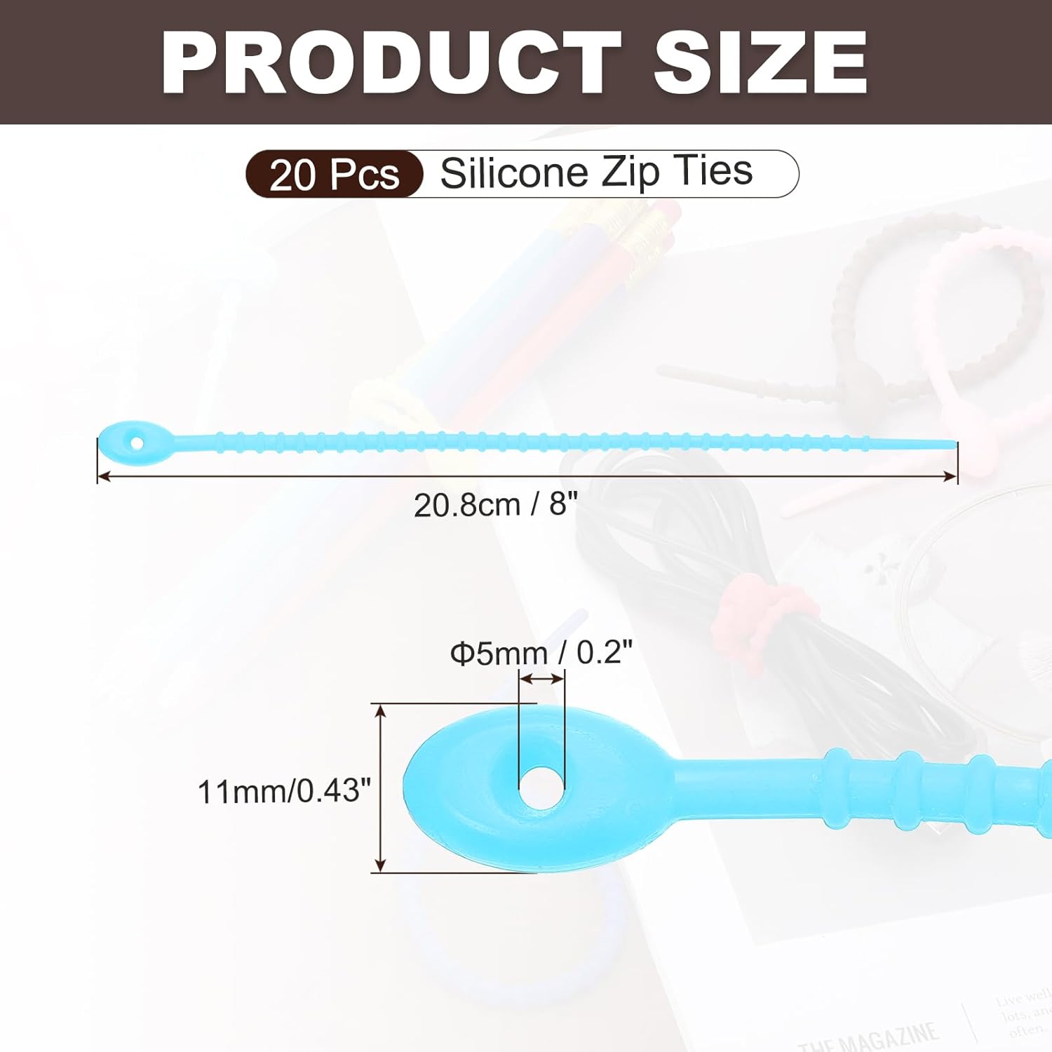 PATIKIL 8 Inch Silicone Cable Ties, 20pcs Rubber Reusable Twist Zip Ties Organizer for Home Office Kitchen Food bags Wires Adjustable Bag Clip, Lake Blue
