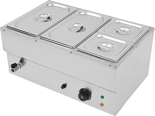 Calentador de alimentos de bufé comercial de 110 V, 4 sartenes, mesa de vapor eléctrica de acero inoxidable de 850 W con control de temperatura,