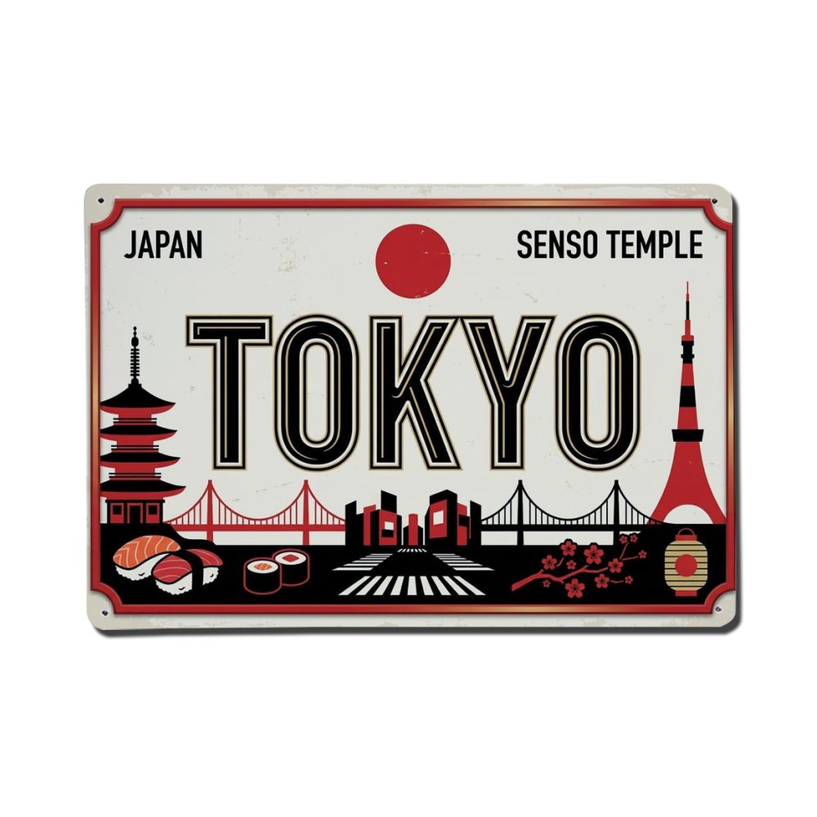 Cwbufd 8X12inch(20X30cm) Vintage Travel Tokyo Senso Temple Sushi Metal Tin Sign Plaque Wall Decor For Cafe, Club Bar, Office, Garden Metal Poster 8X12inch