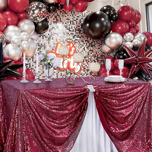 Image of B-COOL Burgundy Sequin Tablecloth for Parties: Glitter Fabric 50x50 Inches Kitchen Linen for Square Head Centerpeices Party Decorations Christmas Decor