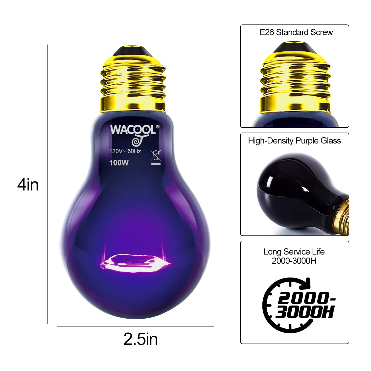 WACOOL 4Pack Reptile Night Heat Lamp, 100W Night Heat Lamp for Reptiles & Amphibians,Simulate Nature Moonlight Purple Night Light for Bearded Dragon Lizard Snake Crab… - image 3