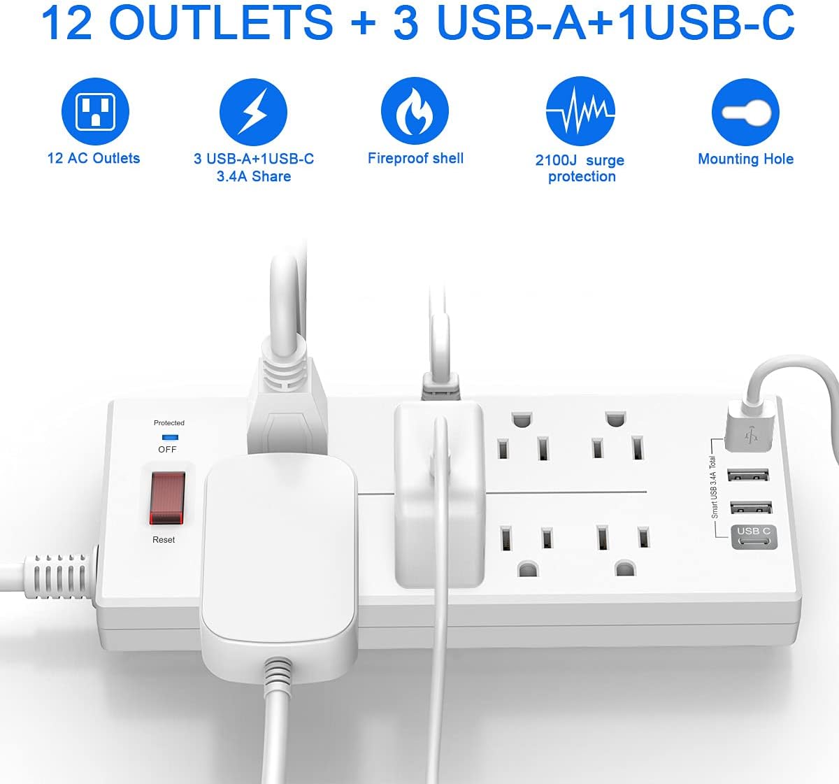 Power Strip, QINLIANF Surge Protector with 8 Outlets and 4 USB Ports, 6 Feet Extension Cord , 2100 Joules, ETL Listed, White : Electronics