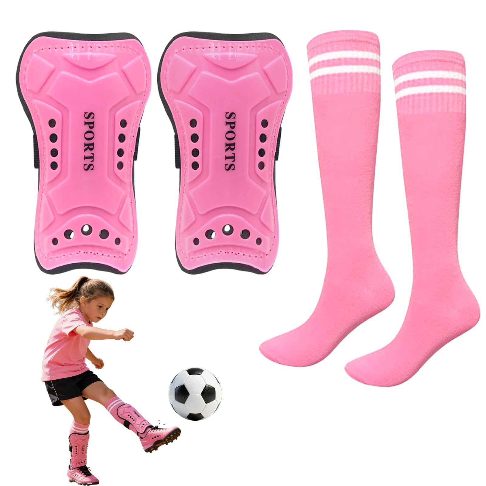 KASESSS Football Shin Pads Girls with Socks Set 6-12 Years, Breathable Protective Kids Shin Guards Teens Leg Calf Ankle, Lightweight Non-Slip Youth Shinpads Perforated Eva Cushion Adjustable Straps