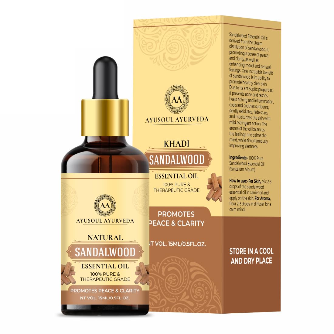 Ayusoul Ayurveda Pure Sandalwood Essential Oil for Fragrance, Skin, Bathing - Chandan Oil with Dropper for Stress Relief & Relaxation, Aromatherapy, Diffuser, Soap & Candle Making - 15ml (B0CH3B7XTN) Amazon Price History, Amazon Price Tracker