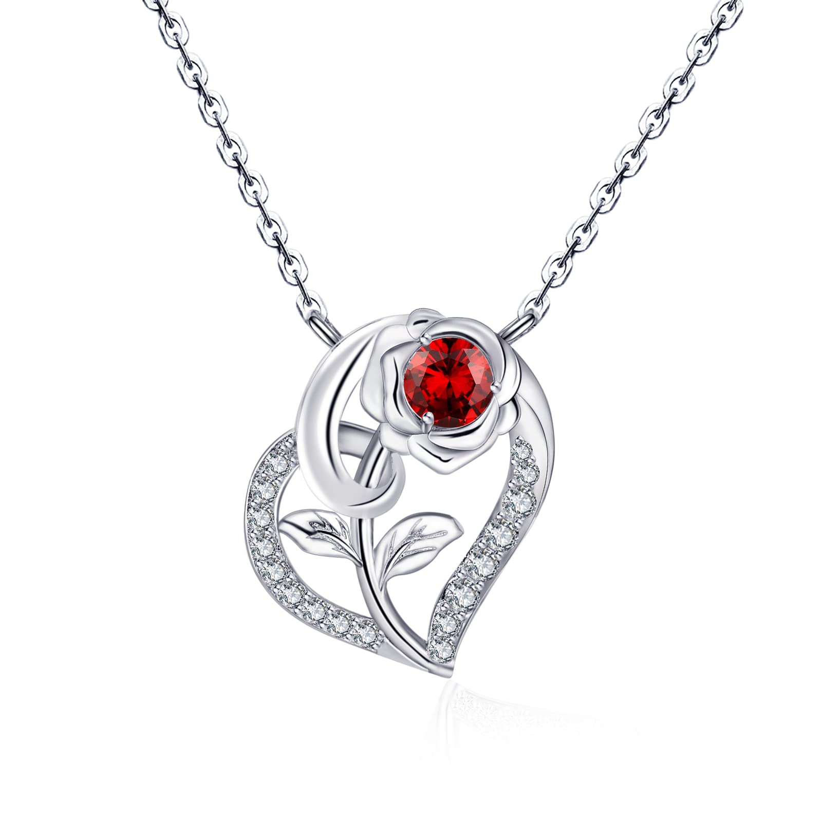 Qings Collana Donna Cuore Rosa Fiore Argento 925 Collana Ciondolo Pietra Portafortuna con Zirconi Romantico Compleanno San Valentino Regali di Natale Gioielli per la Fidanzata Moglie