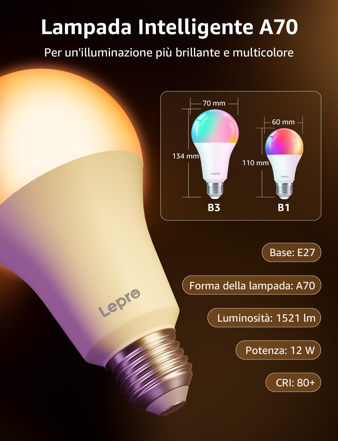 Lepro B3 AI Lampadina Smart E27, 1521LM RGB&Luce Bianca Regolabile, Progettista Illuminazione AI Personalizzato, Funziona con Alexa/Google Assistant, Connessione Wi-Fi e Bluetooth, Sync Musicale, 2pcs