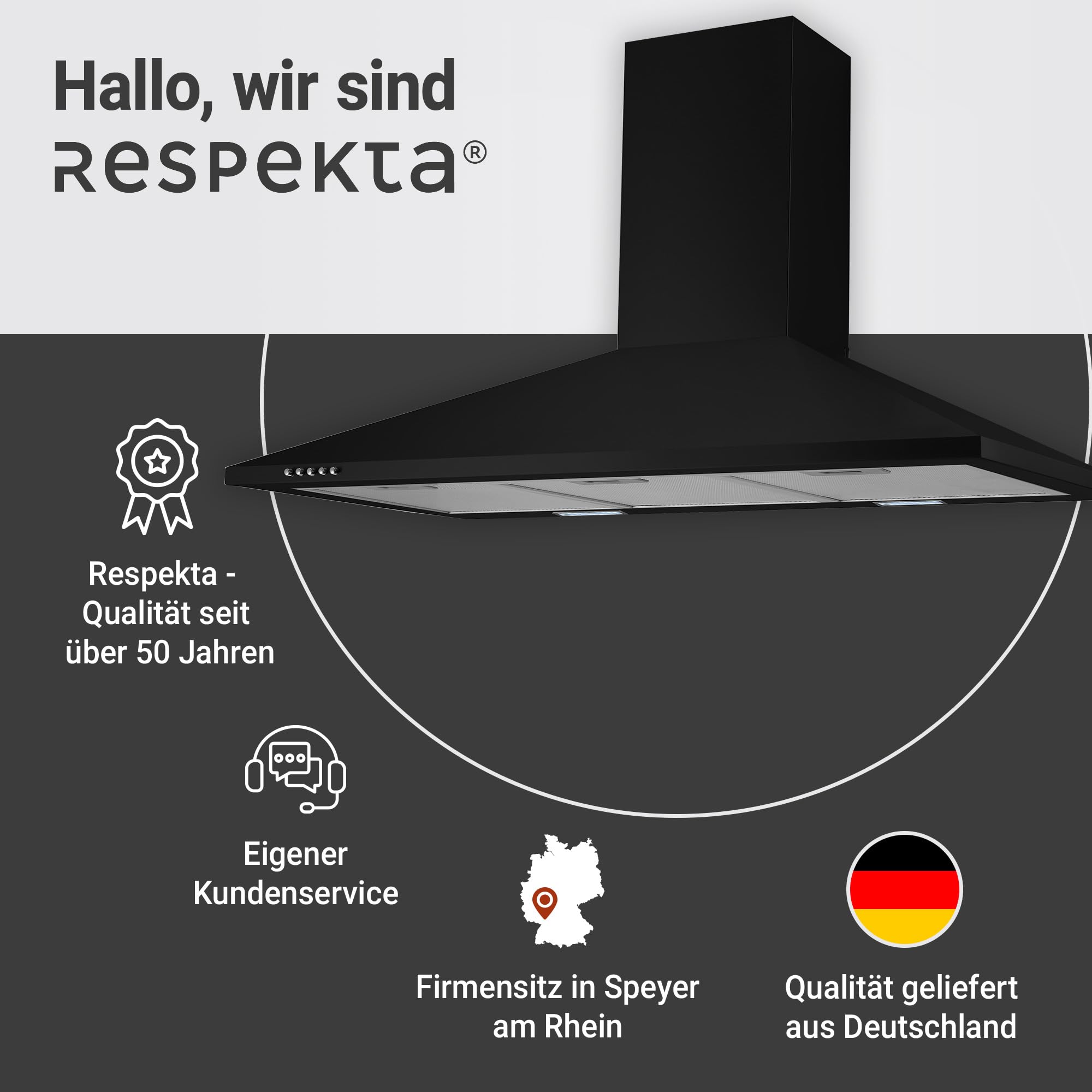 Respekta Dunstabzugshaube Karena / Kaminhaube 90 cm / Metallgehäuse schwarz matt /Abluft - und Umluftfunktion / CH22055-90 S / 53 – 68 dB