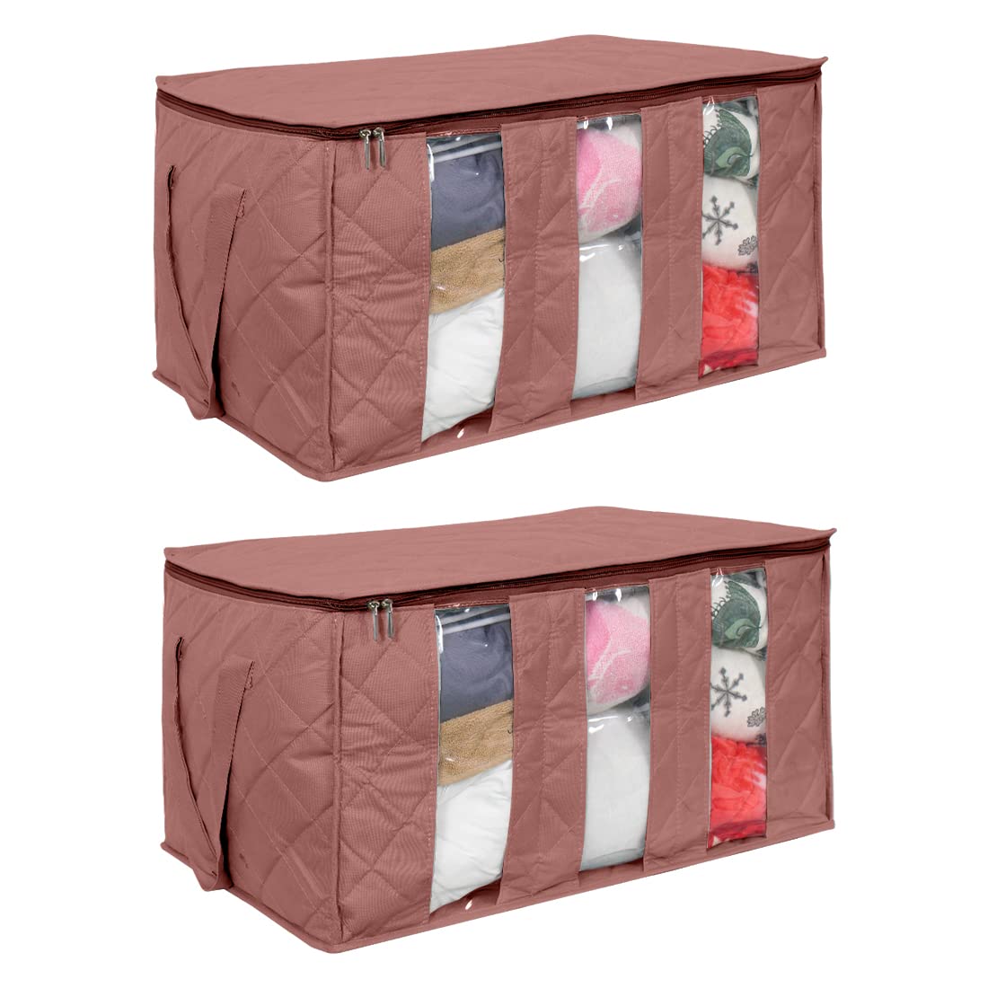 Pretty Krafts Pack of 2 Non Woven Moisture Proof Underbed Cloth Storage Organizer with Zipper Lock & Handles | Wardrobe Organizer for Cloth Saree Quilt Blanket Toy Storage Bag (60x37x32cm, Brown)-image-2