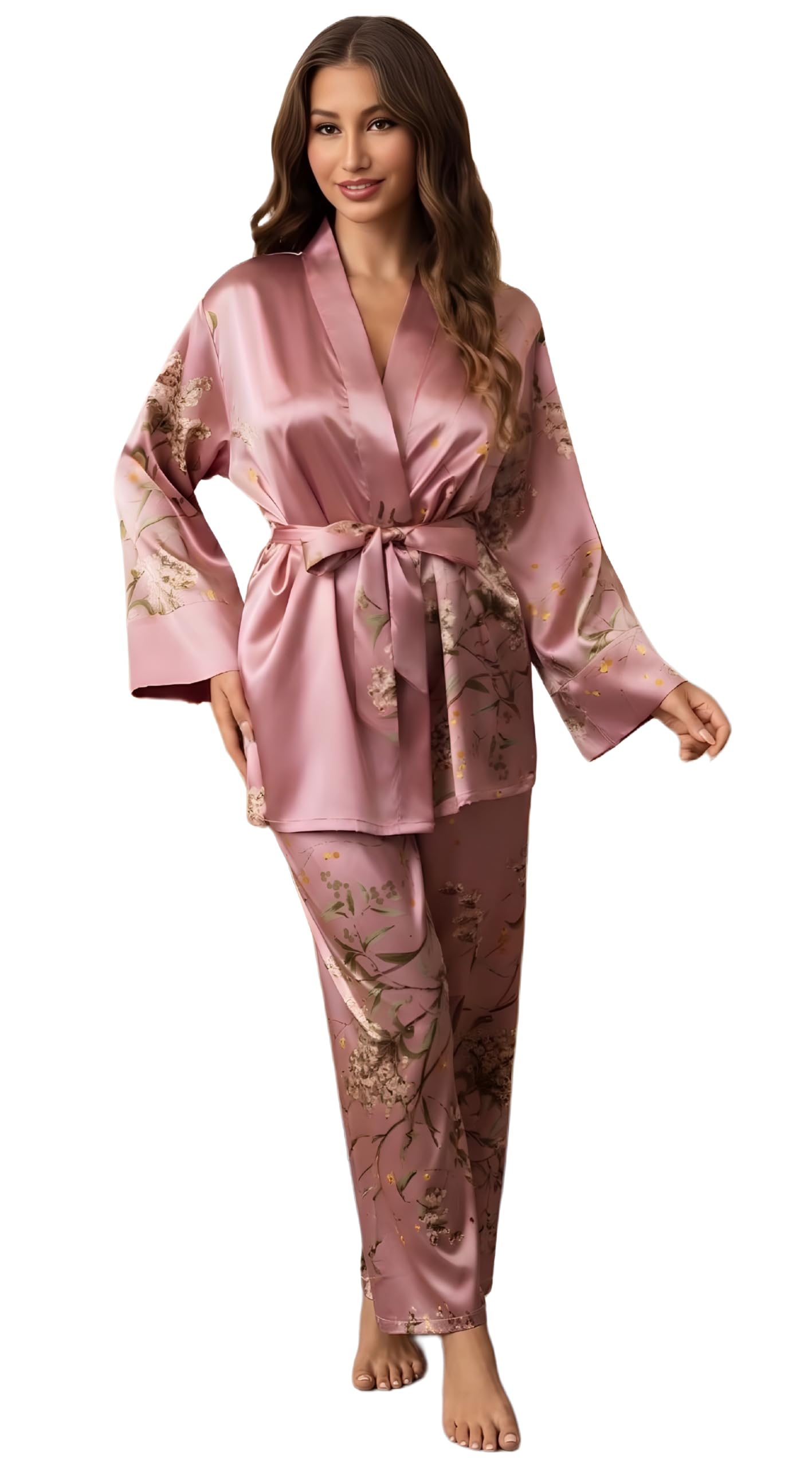 Women Satin Floral Pajama Set, Light Blue, Long Sleeve Top with Belt and Wide-Leg Pants, Loungewear-image-2
