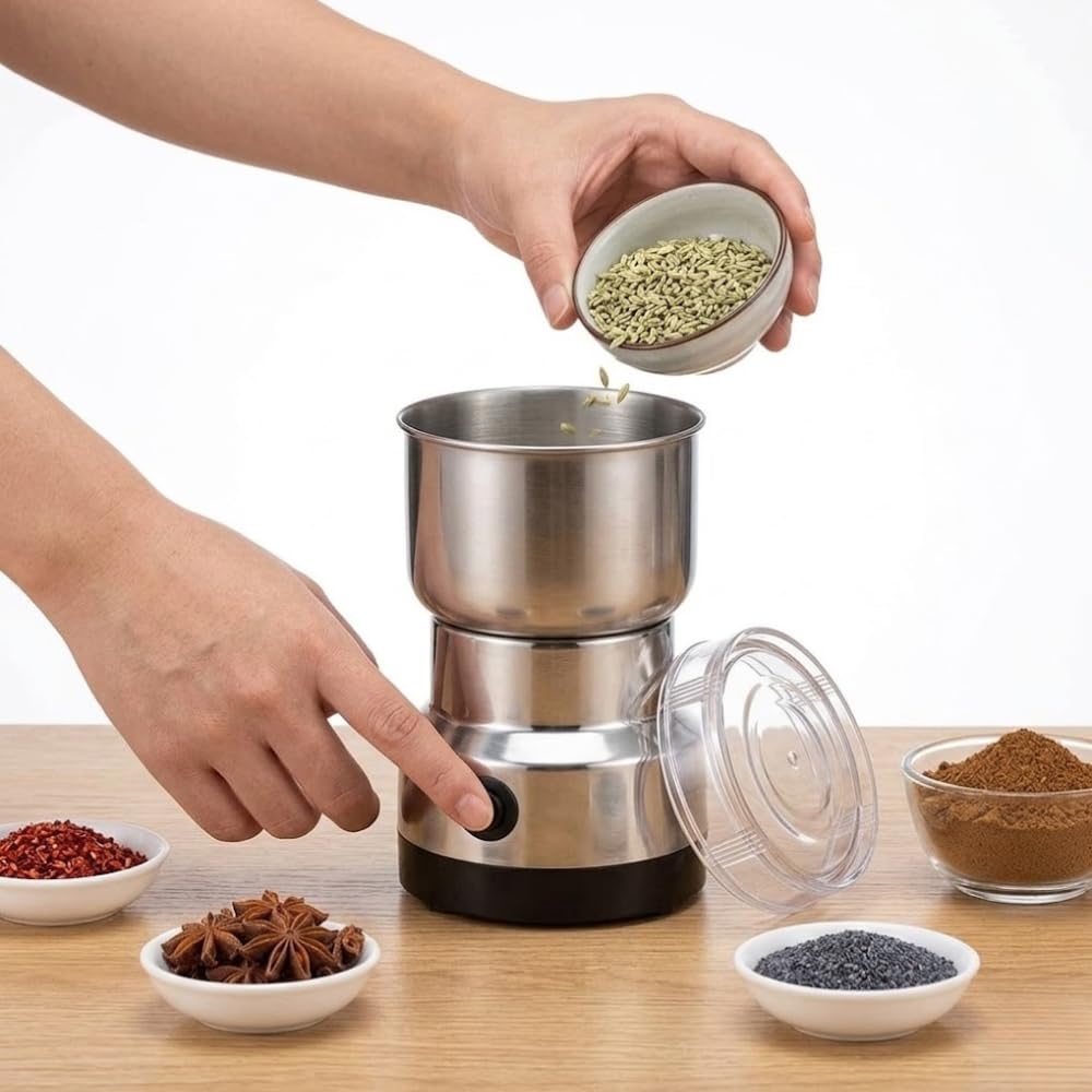 Drumstone (𝐒𝐩𝐞𝐜𝐢𝐚𝐥 𝟏𝟓 𝐘𝐞𝐚𝐫𝐬 𝐖𝐚𝐫𝐫𝐚𝐧𝐭𝐲) Stainless Steel Electric Grinder, Multipurpose Mini Spice & Coffee Grinder, Masala, Nuts & Grains Grinding Machine-image-11
