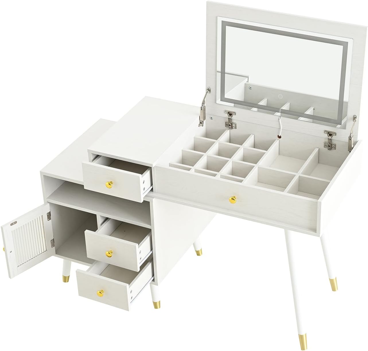 Merax vanity desk with all drawers and cabinet doors open, showcasing the various storage options including a large drawer, smaller drawers, an open shelf, and a cabinet with a glass door.