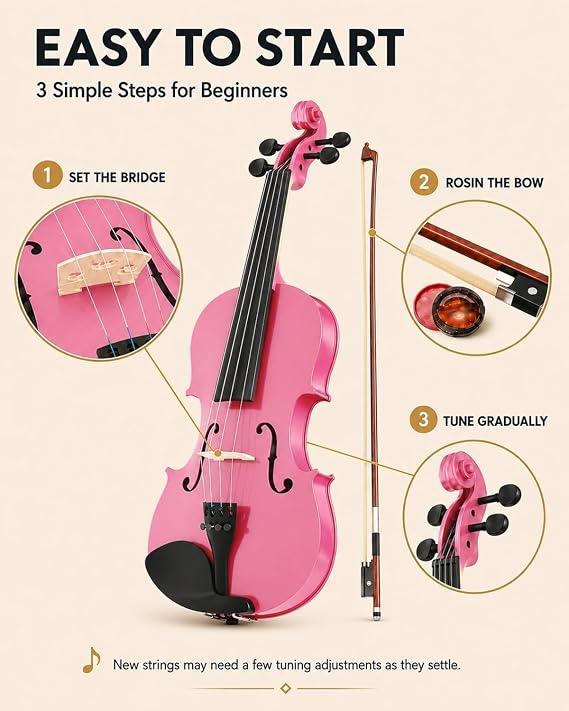 1/4 Violin for Kids Age 5-7, Beginner Acoustic Violin, Pink