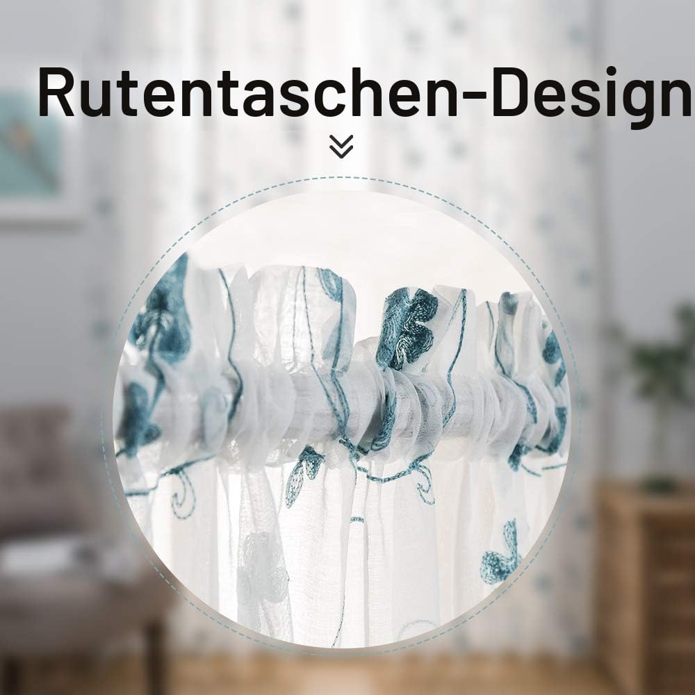 MYSTIC-HOME Transparente Vorhänge mit Blumenstickerei in Blau, 240 cm Länge, Fensterdekoration, Vorhänge mit Stangentasche für Wohnzimmer und Schlafzimmer, Rod Tasche, 2er Set, H 240 X B 132cm