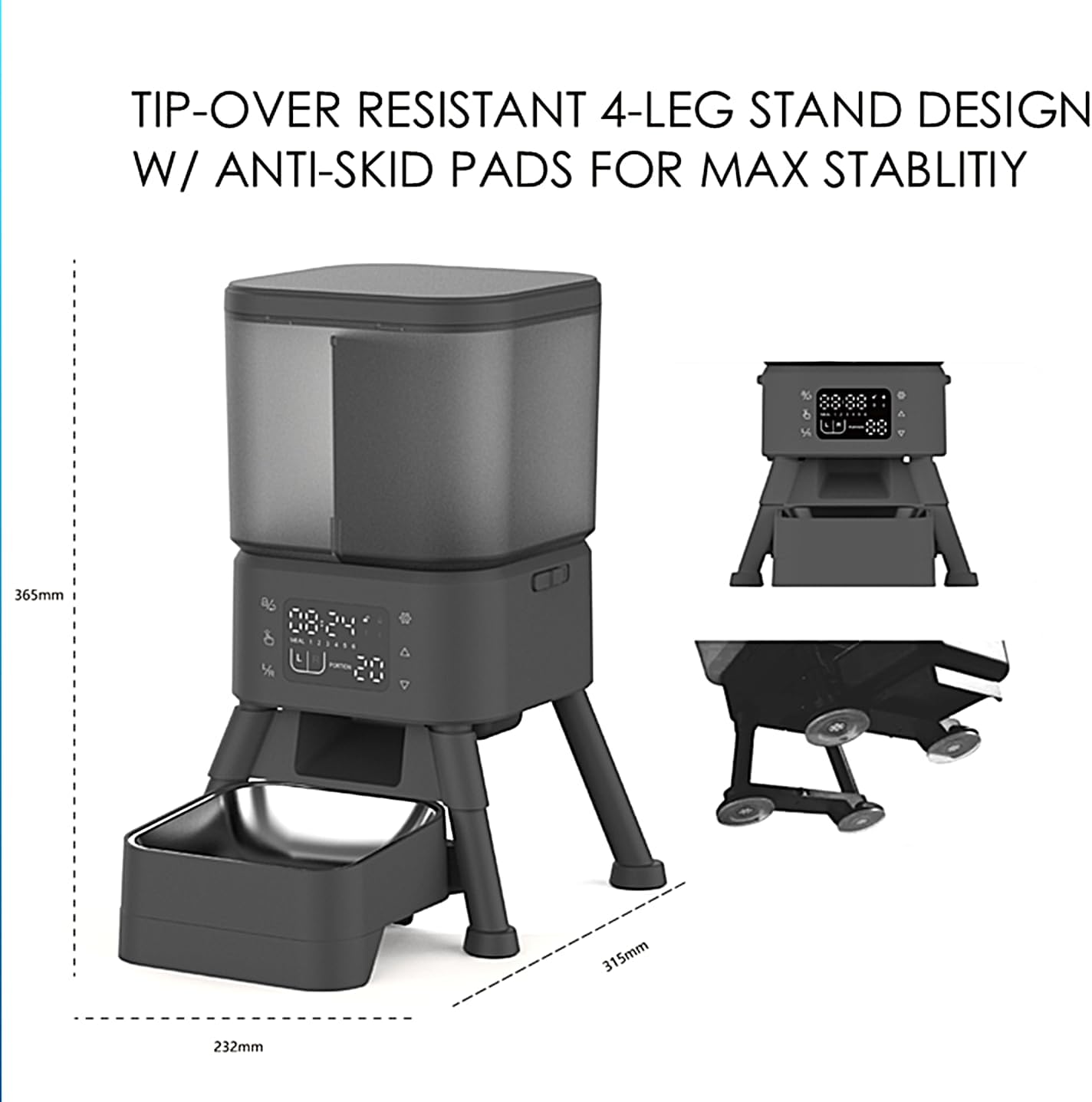 Dimensions of the GROOVYPETS Automatic Pet Feeder, showing height, width, and depth.