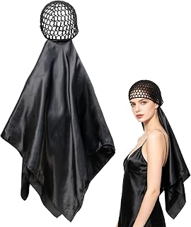 2 in 1 Silk Scarf Lapel for Sleep, Reversible Hairnet with Scarf Bonette, Adjustable Sleep Cap for Long Curly Natural Braided Hair, Black