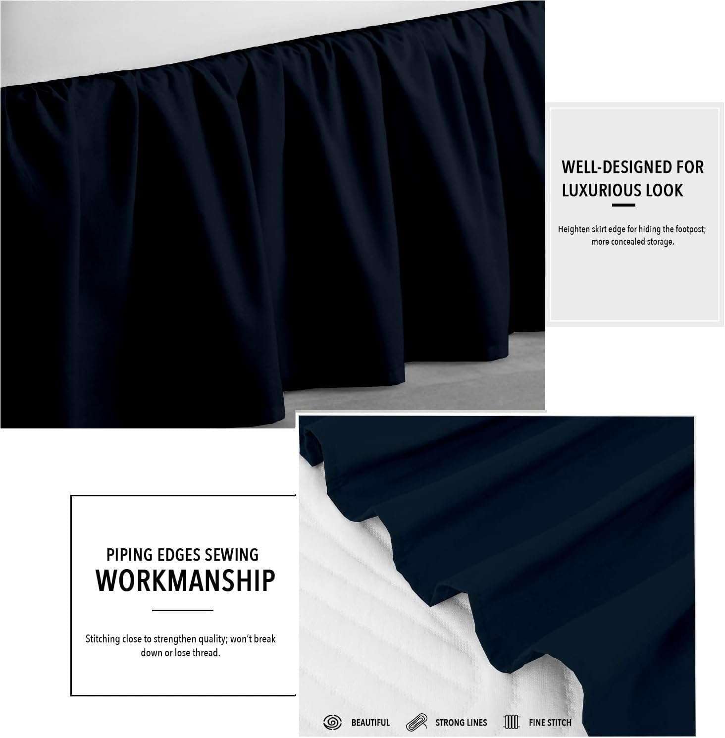 Navy Blue Solid Ruffled Bed Skirt Twin-22 Inch Drop Split Corner, Microfiber Bedskirt with Platform Three Sided Coverage