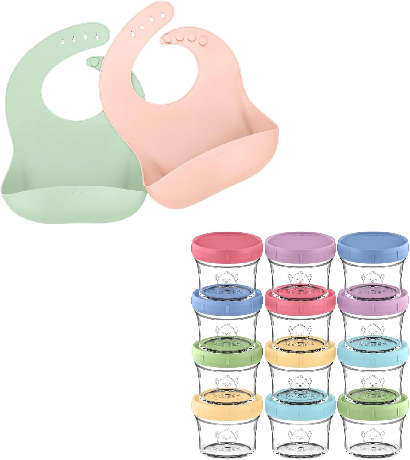 KeaBabies 2-Pack Baby Silicone Bibs and 12-Pack Baby Food Glass Containers - Waterproof, Easy Wipe Silicone Bib for Babies, Toddlers - 4 oz Leak-Proof, Microwavable, Baby Food Storage Container