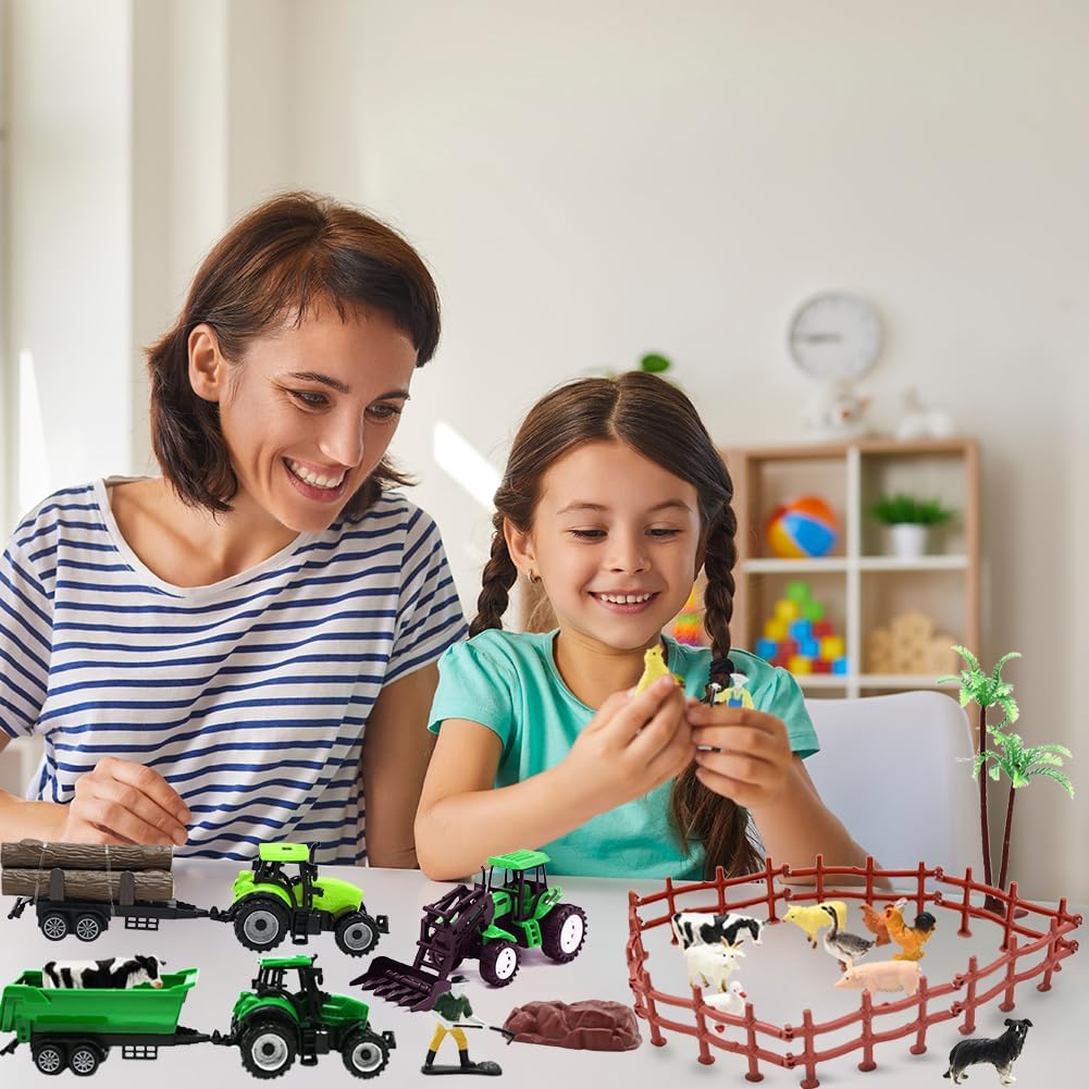 Farm Animals Figures Playset, 40 Pcs Farm Toy Tractor with Plastic Farm Animals Figurines, Farmer and Fence Farm Playset, Farm Figures Farmer Truck Toy with Trailer for Kids Boys Girls Toddlers 3+