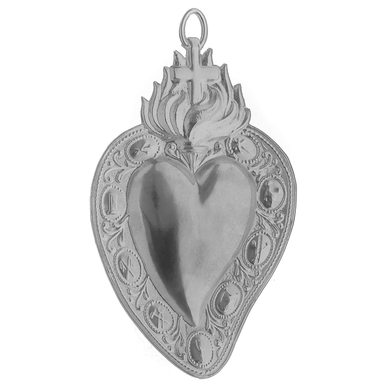 Holyart Ex-voto, Votive Heart with Cross and Flame 13.5x8cm, Silver