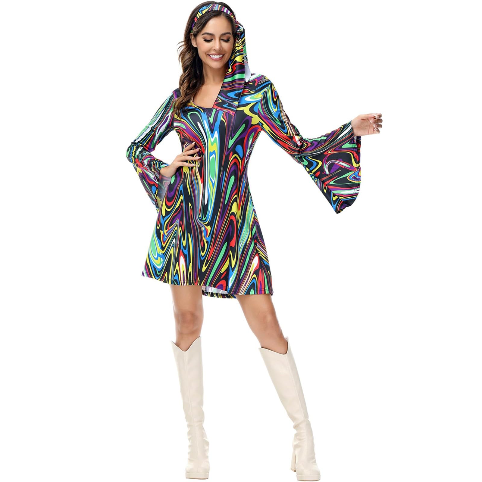 Womens Fancy 70s Dress 2PC Vintage Long Bell Sleeves V-Neck 1970s Hippie Mini Dresses Costume Clothes Floral Printed 1960s Style Retro Party Halloween Hippy Disco Outfits with Headband Brown