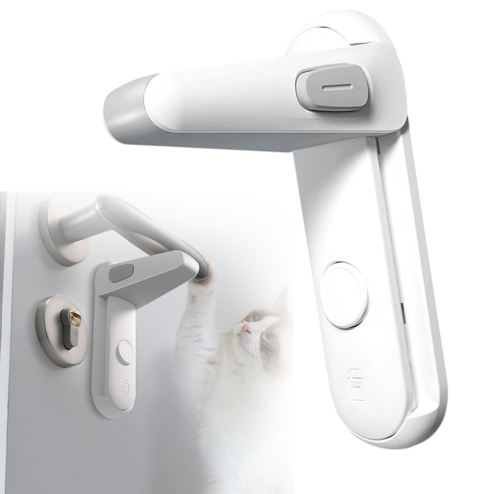 Door Lock Without Drilling, Door Lever Lock – Childproof No-Drill Baby & Pet Proof Door Lock, Adhesive Lever Handle Lock for Kids, Toddler, Bedroom, Kitchen & Bathroom Door Safety Lock (White*2 PCS)