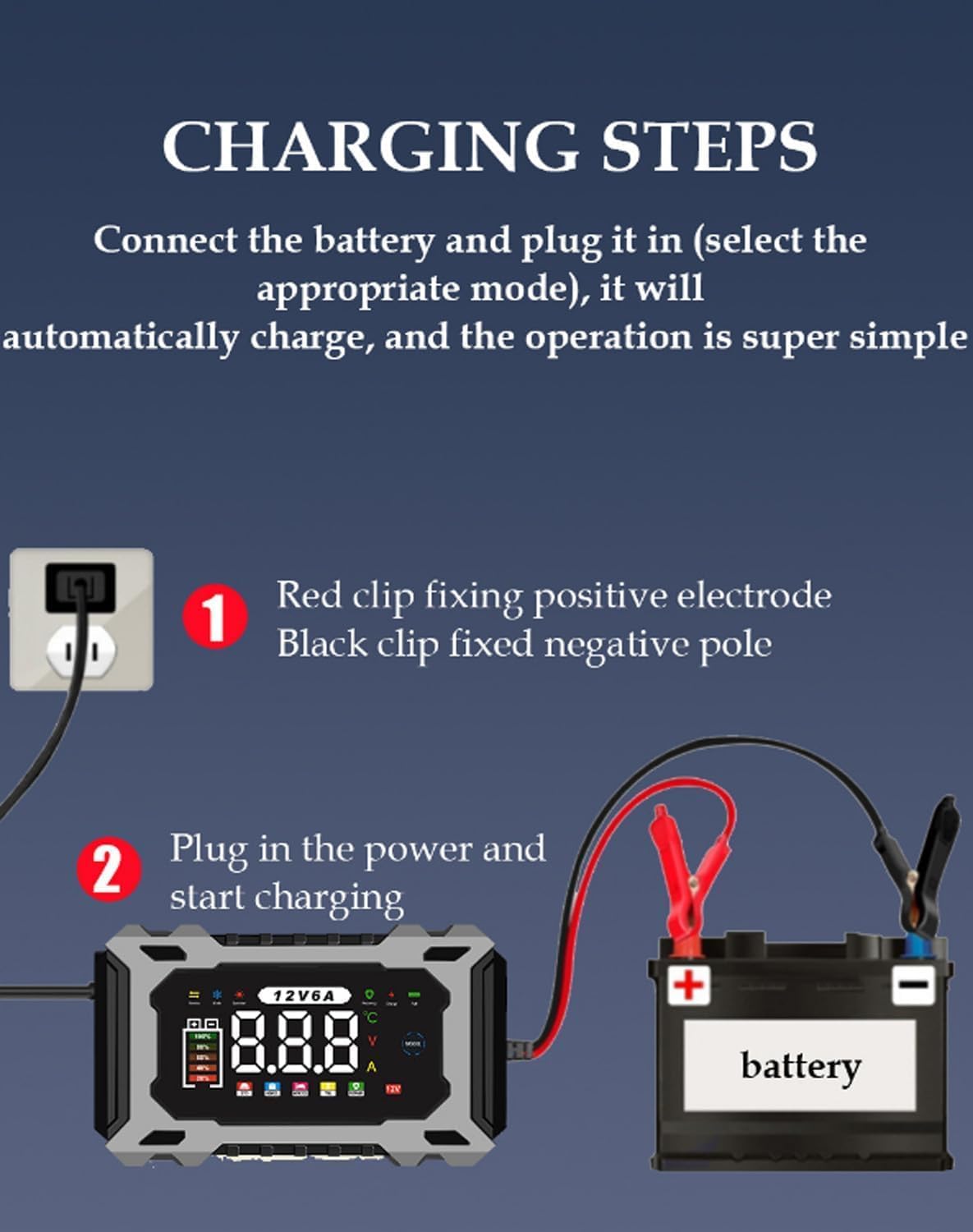 12V Smart Battery Charger, 6A Fully Automatic Trickle Charger Maintainer with LCD Display, Intelligent Pulse Repair Desulfator for Car, Motorcycle, Marine, Lawn Mower, Lead-Acid (Yellow)