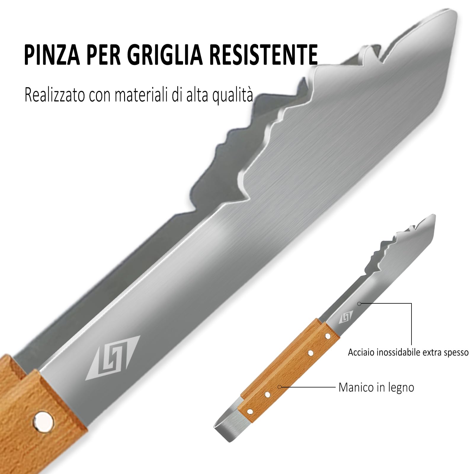 Pinza Barbecue, pinze per grill in acciaio inossidabile con manico in legno, posate per grill lunghe 43 cm, regali per uomo, papà, marito.