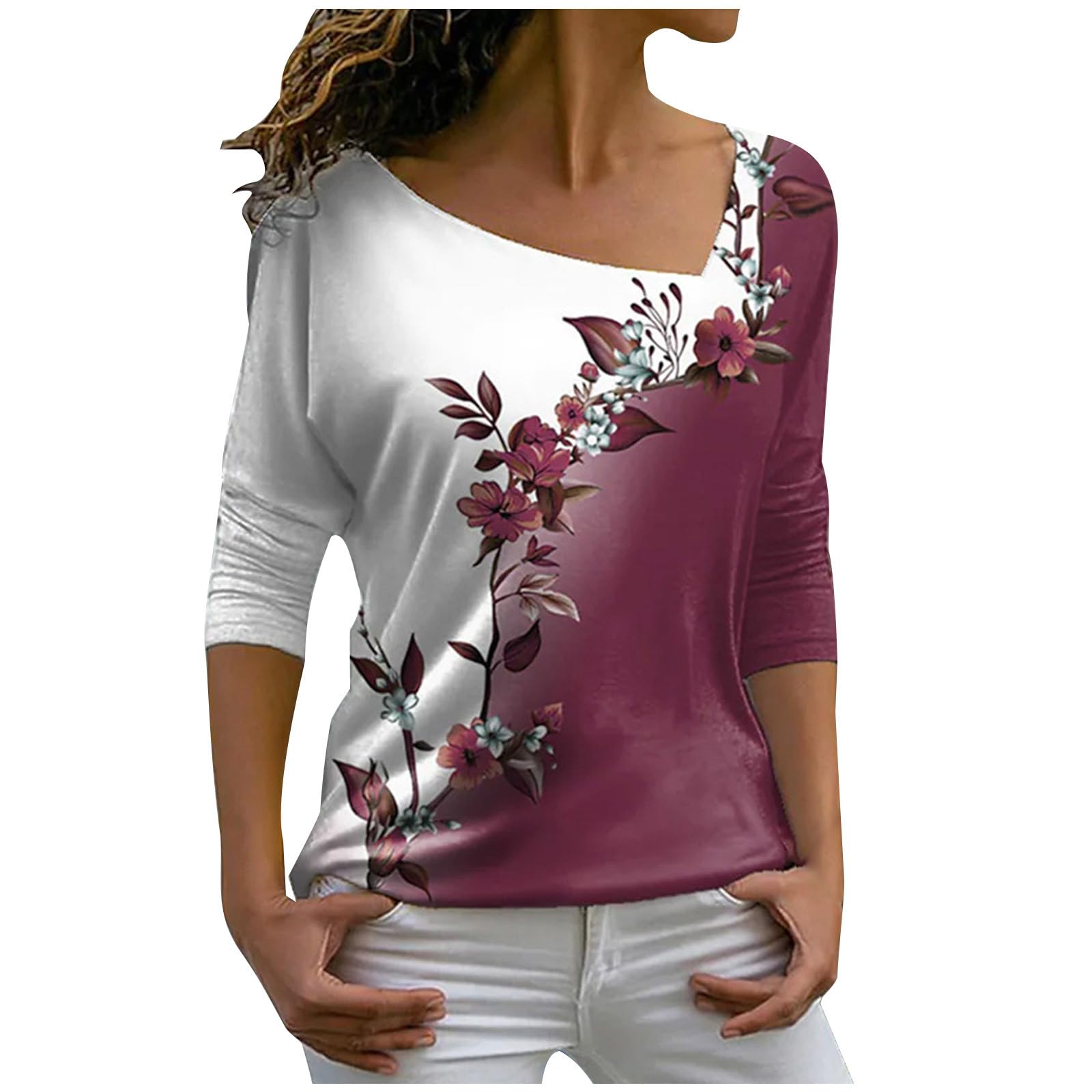 NUSGEAR 2023 Camiseta de Manga Larga Mujer Moda Floral Impresión Blusa Cuello en V Camisa otoño Primavera Camiseta Túnica Tops Elegante Casual Fiesta Original tee Tumblr Cómodo