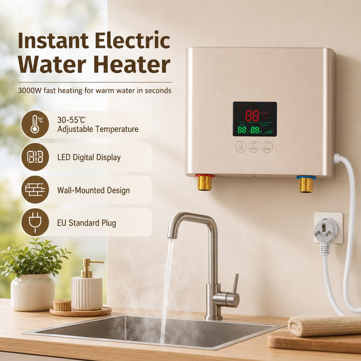 Mini Durchlauferhitzer Küche 3000W, Elektrische Durchlauferhitzer Klein, 30-55 ℃ Elektrische Warmwasserbereiter mit LED Digitalanzeige Panel und Fernbedienung, für Küchen, Waschküchen