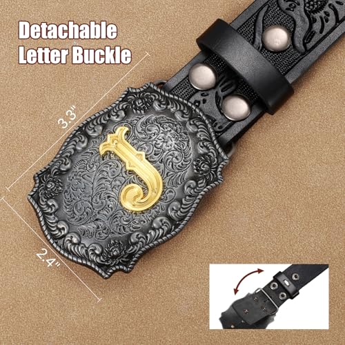 Western Cowboy Leather Belt Men Women, Gold Initial Letters ABCJMZ Buckle Embossed Belt for Jeans