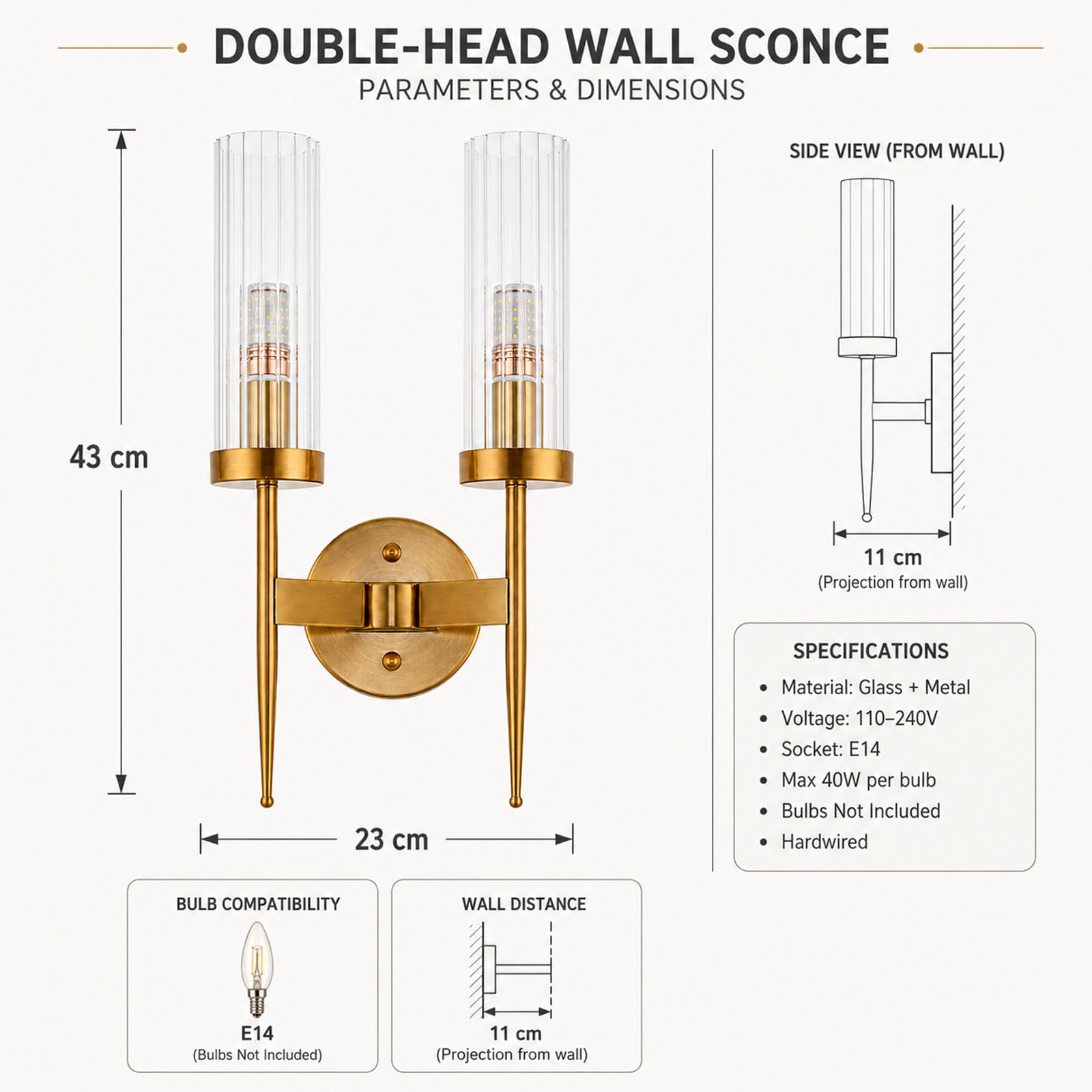 Aplique de Pared de Cristal y Base Dorada E14, Accesorios de Lámpara de Pared Modernos (2 Luces) | Lámpara de pared con cable de 43 cm con cristal transparente para dormitorio, pasillo, sala de estar, escalera y entrada