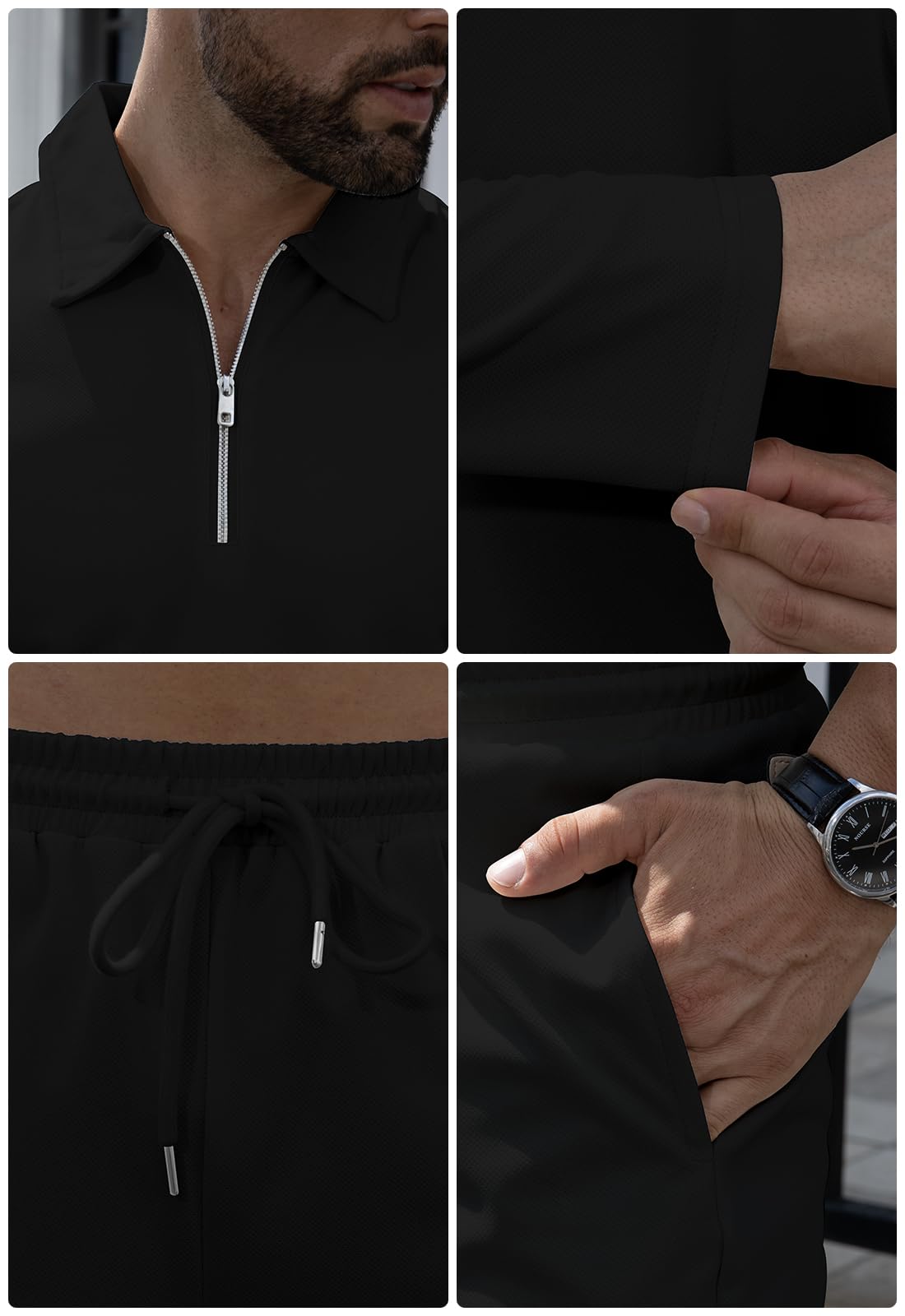 KUYIGO Męskie dresy polo z zamkiem 1/4 2-częściowe stroje sweter z długim rękawem zestaw dresowy bluza i joggery na co dzień topy waflowe dół sport odzież sportowa strój golfowy S-XXL