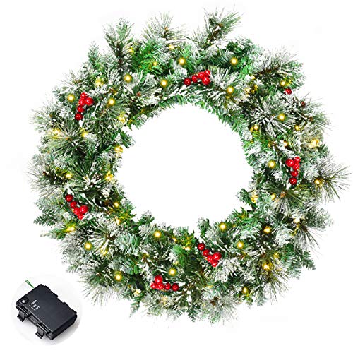 Goplus Snow Flocked Christmas Wreath, Pre-Lit Battery Operated With 50 Led Lights, Timer, Snow And Red Berries, Ideal Xmas Decoration For Doorway Window Wall #TOP4
