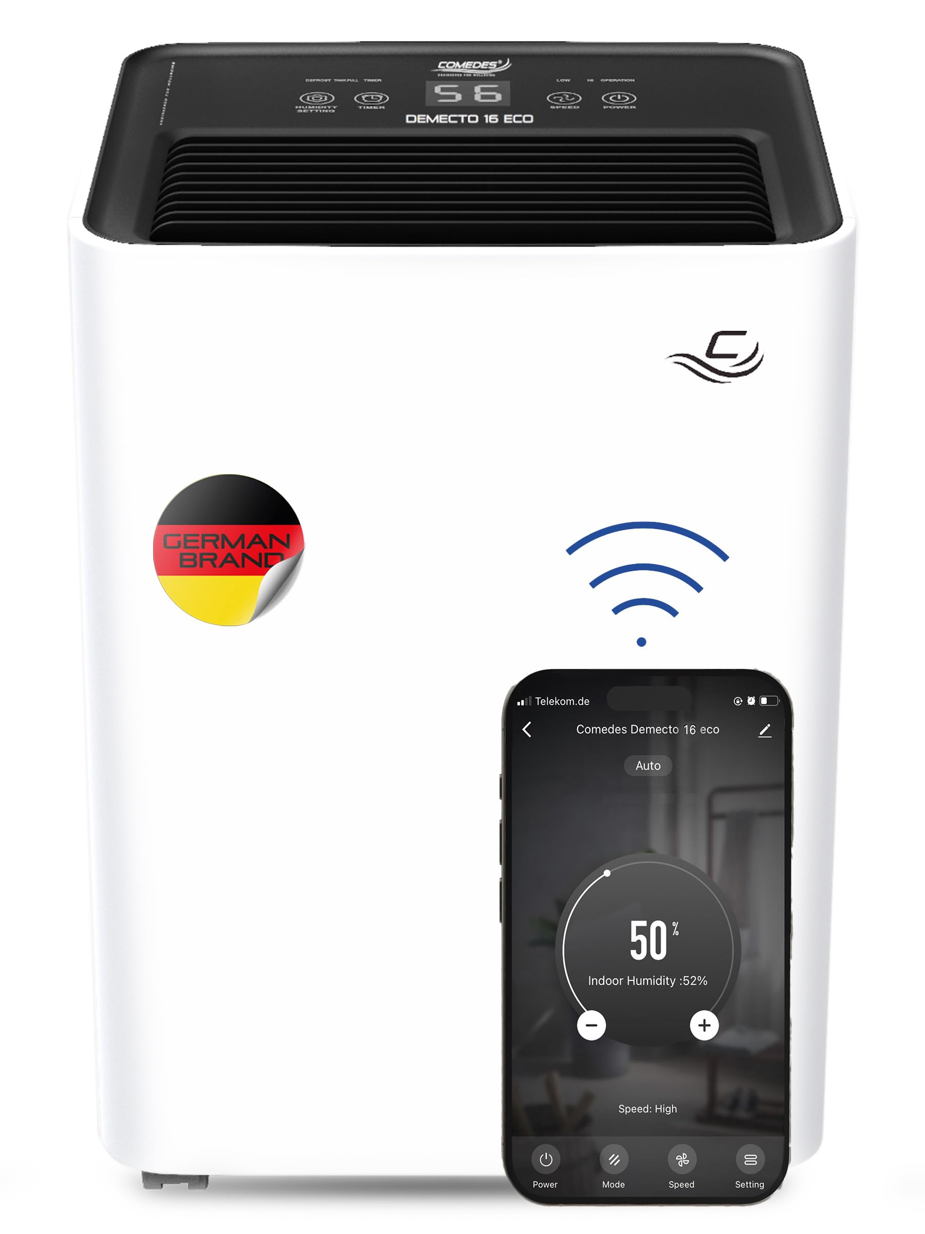 Comedes Demecto 16 eco WiFi – potente deumidificatore (max. 16 l/24 h) adatto per ambienti fino a 65 m²/150 m³, compatibile con app